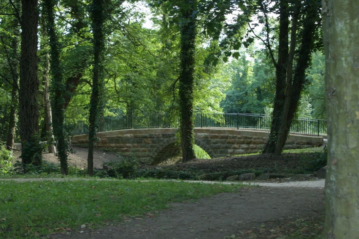 A bridge surrounded by trees in a wood.